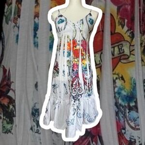 Y2K White Love Graphic Sundress Summer Medium Ed Hardy Style Multicolor Tattoo